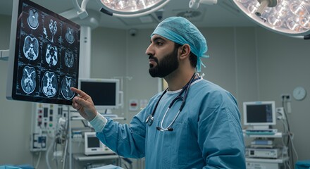 Focused surgeon examines detailed brain scans on a monitor in a modern operating room, preparing for a complex neurosurgical procedure.