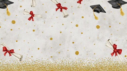 Graduation Celebration Background with Caps and Diplomas Gold Confetti Design