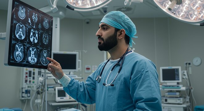 Focused surgeon examines detailed brain scans on a monitor in a modern operating room, preparing for a complex neurosurgical procedure.
