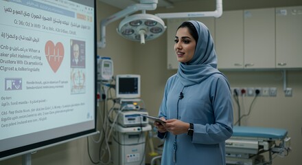 Confident female doctor presents medical data on a digital screen in a modern hospital setting.