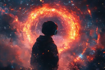 Cosmic Inferno A Silhouette in Fiery Vortex