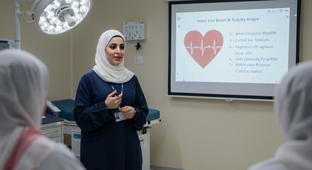 A female medical professional confidently presents a heart health lecture to colleagues in a modern classroom setting.