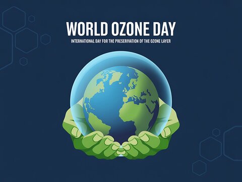 World ozone day illustration with earth protected by hands and atmosphere
