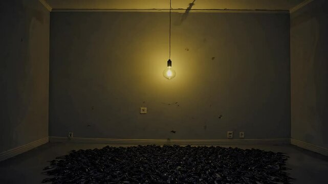 Ampoule suspendue dans une pi&egrave;ce sombre, sol recouvert de cafards