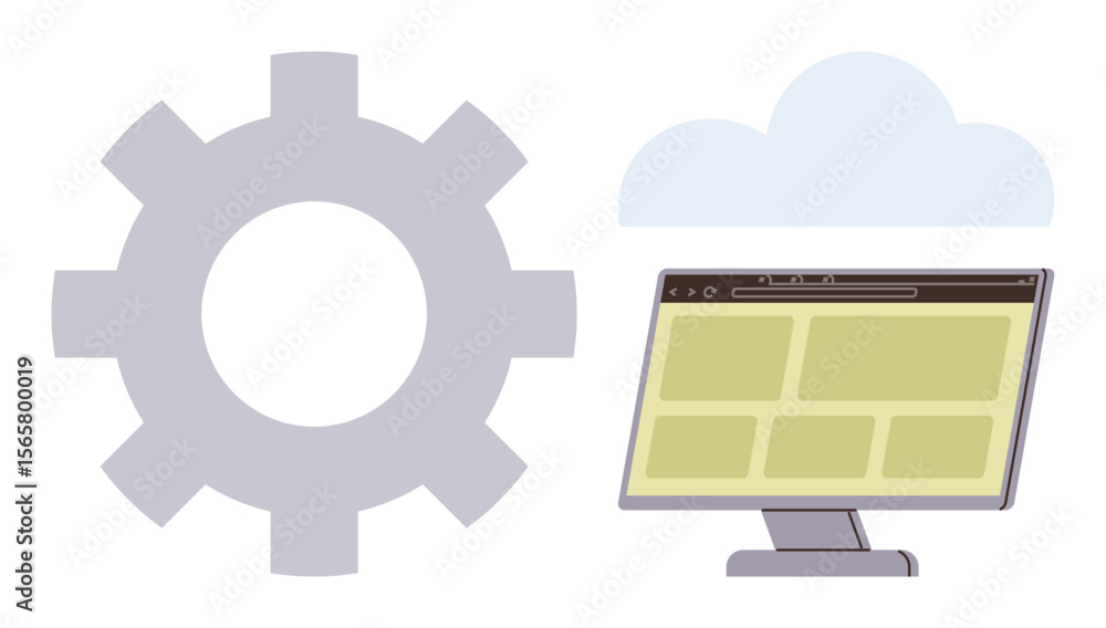 Poster computer monitor displaying interface layout, large gear representing settings, cloud for storage. i