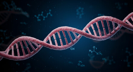 Detailed DNA Strand with Molecular Structures on a Dark Background Illustraton