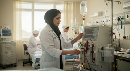 A young female doctor diligently monitors a patient's vital signs using advanced medical equipment in a modern hospital setting.