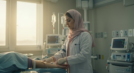 Compassionate healthcare professional administers intravenous fluids to a patient in a modern hospital room, bathed in soft sunlight.