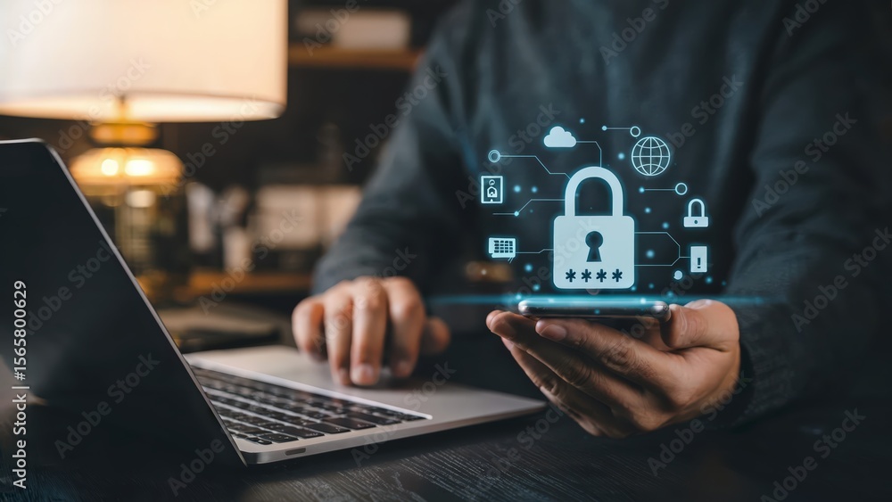 Poster secure online transactions with a man using laptop and phone for data protection