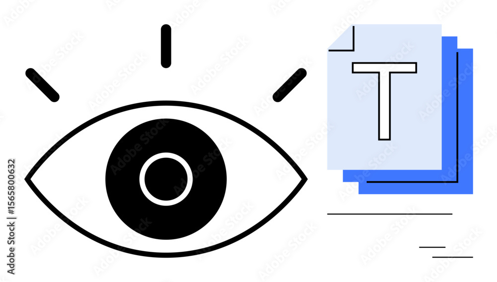 Poster eye icon alongside stacked documents and text emphasizing vision, analysis, and organization. ideal 