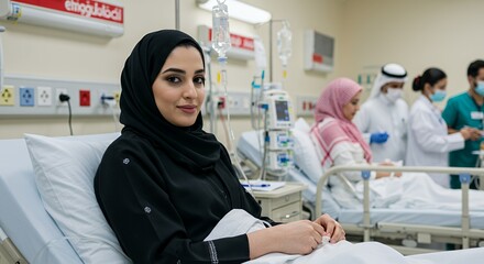 A young woman in a hijab rests comfortably in a hospital bed, surrounded by a peaceful atmosphere.