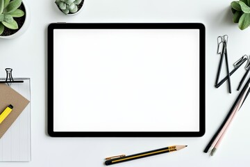 Vibrant Picture of Digital Tablet with Stylus and Office Supplies on White Background