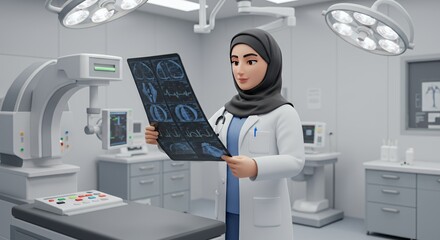 A female doctor in a hijab carefully examines medical scans in a modern hospital operating room.