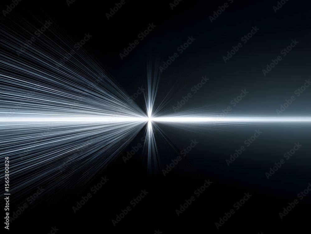 Poster a captivating display of radiant light beams emanating from a singular point, cutting through a dark