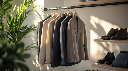 Suits in neutral tones hang on a rack alongside boots and a plant in sunlight