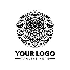 Ornate owl logo design encircled by bats, stars, and geometric patterns.