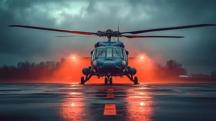 Poster Helikopter Military helicopter on a wet runway at night  © Maulzz
