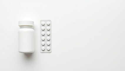 White Pill Bottle and Blister Pack on White Background Medication Concept
