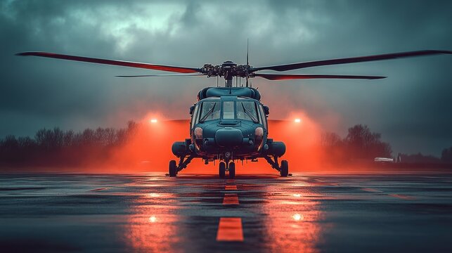 Military helicopter on a wet runway at night