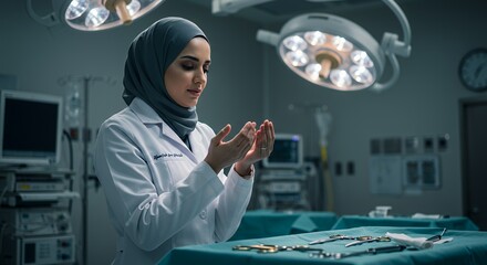 A Muslim female surgeon pauses for prayer in a dimly lit operating room, her hands clasped in supplication before a surgery.