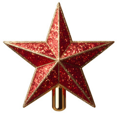 Red Glittered Five Pointed Star Ornament Isolated on Transparent Background for Christmas Tree Decoration