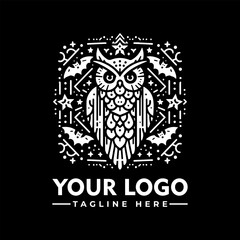 A stylized, white owl logo, surrounded by mystical, decorative elements, set against a black background.