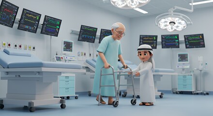 Young boy gently assists elderly man with walker in a modern hospital setting, showcasing intergenerational care and compassion.