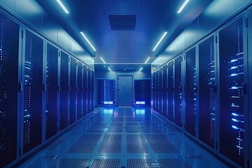 Detailed Visual  of Modern Server Databank Room with Active Data Processing Indicators