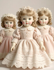 Fototapeta premium Precious Vintage Baby Dolls Elegantly Dressed for Little Girl's Teaparty 146