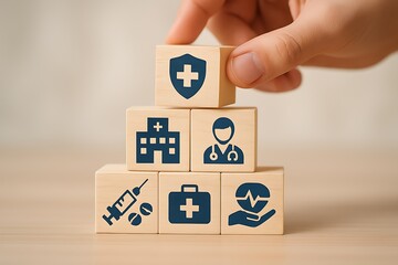 Hand placing wooden cube with medical symbol healthcare insurance