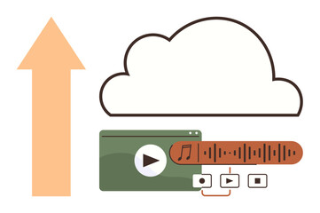 Upward arrow, cloud shape, audio wave, and video media player signifying cloud media upload. Ideal for cloud storage, data transfer, streaming, digital content, multimedia technology simple flat