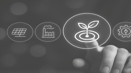 Hand touching digital icons for sustainability and industry finger pressing