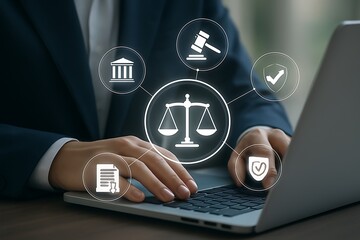 Person in dark suit using laptop with legal icons dark blue keyboard
