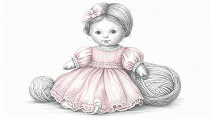 Fototapeta premium Small Handmade Baby Doll in a Pretty Pink Dress with Bows in her hair and Balls of Yarn for Crafting 336