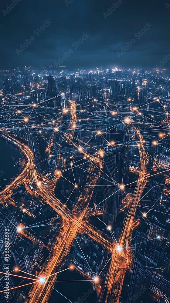Poster the aerial view captures the interconnected city lights networked with digital communication lines a