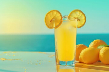 Detailed Visual  of a Poster for Summer Holidays with a Glass of Lemonade and Oranges