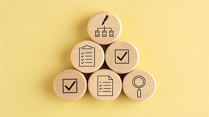 Wooden circles with business icons arranged in a pyramid checklist magnifying glass