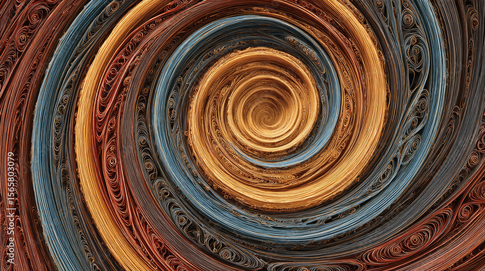 Poster spiral pattern with intricate swirling lines in warm brown and cool blue tones creating dynamic abst