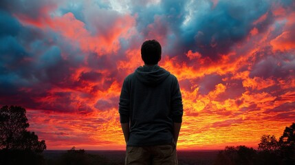 Fototapeta premium A man stands outdoors watching a vibrant sunset with colorful clouds filling the sky