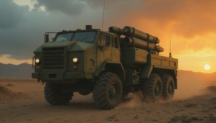 Fototapeta premium Military Truck Driving Through Desert at Sunset