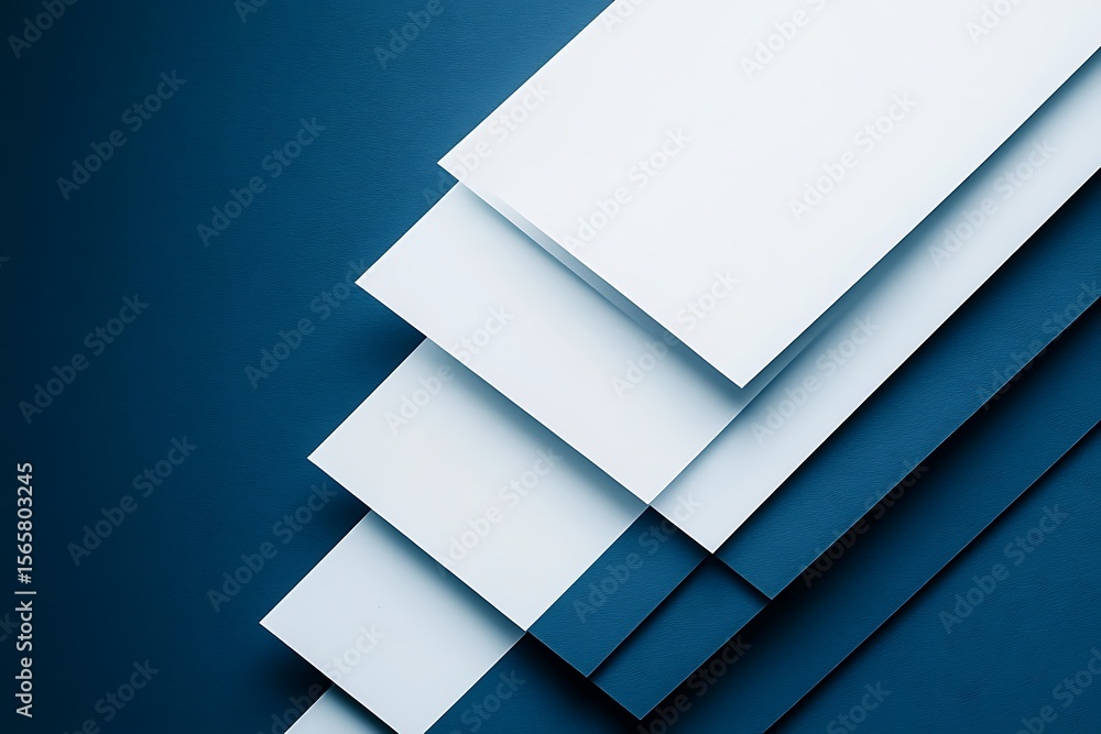 Poster tilted white sheets cascade diagonally against a textured blue background, creating depth and dimens