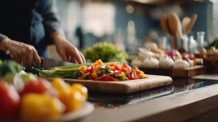 Realistic, high-definition cinematic view: A person happily preparing a nutritious, colorful meal in a modern, clean kitchen. Blurred kitchen background. Sharp focus, healthy eating.