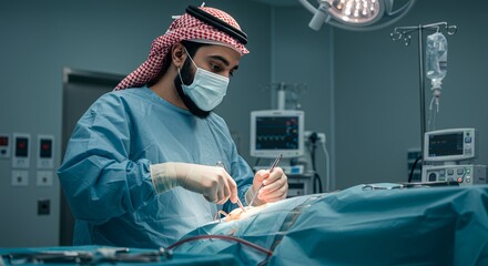 Focused surgeon in traditional headwear performs delicate surgery in a modern operating room.