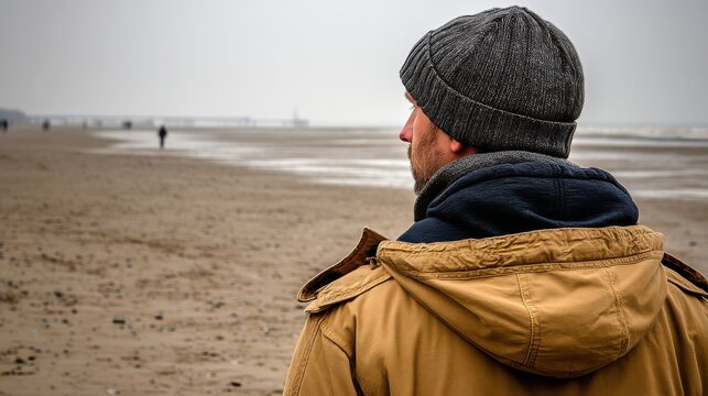 A man wearing a gray knit hat and tan coat stands on a sandy beach looking out at the ocean