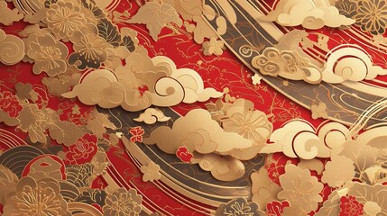 A vibrant Chinese New Year celebration background featuring auspicious red and gold colours and intricate traditional paper-cutting art, symbolising prosperity and good fortune.