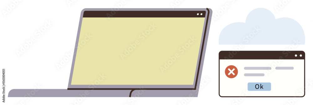 Poster laptop next to error message window and cloud symbolizing technical error or connectivity struggles.