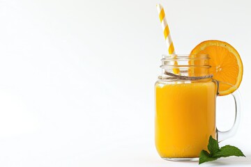 High Definition Picture of Orange Juice in a Glass Jar Isolated on White Background