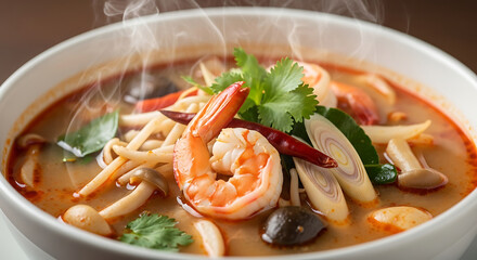 Close up of tom yum soup in a white bowl with shrimp mushrooms and herbs steaming hot and delicious