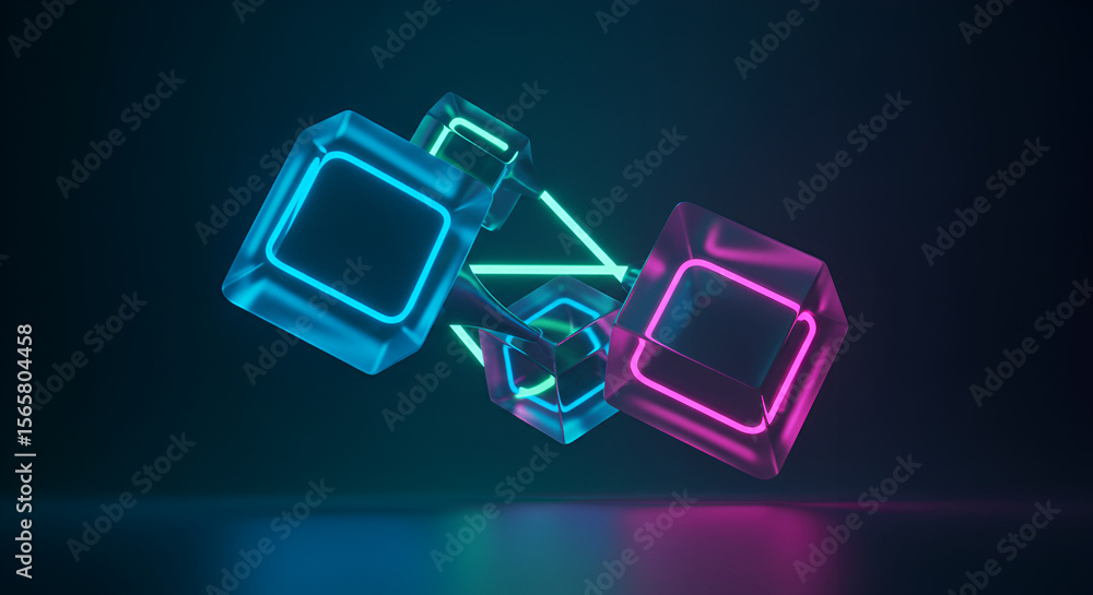 Poster futuristic neon cubes interconnected on a dark background creating an abstract design