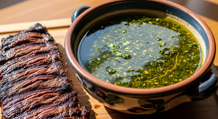 Grilled flank steak with chimichurri sauce in bowl on wooden board ready to be served for dinner